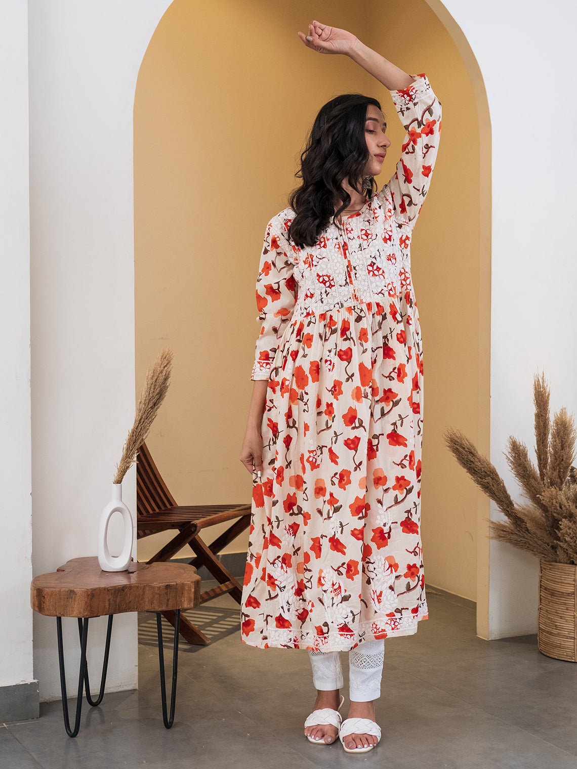 Rooh Mul Cotton Printed Chikankari Gown Kurti - Chowkhat Handicraft