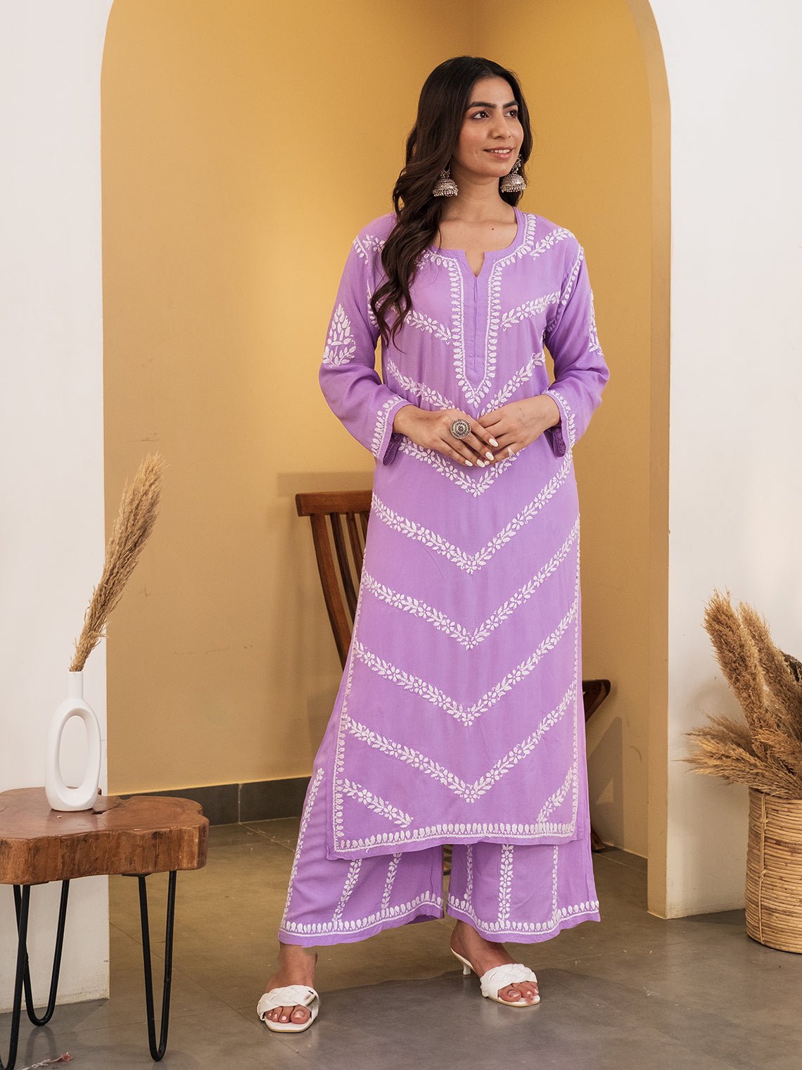 Sara Modal Chikankari Kurti & Palazzo Set - Chowkhat Handicraft