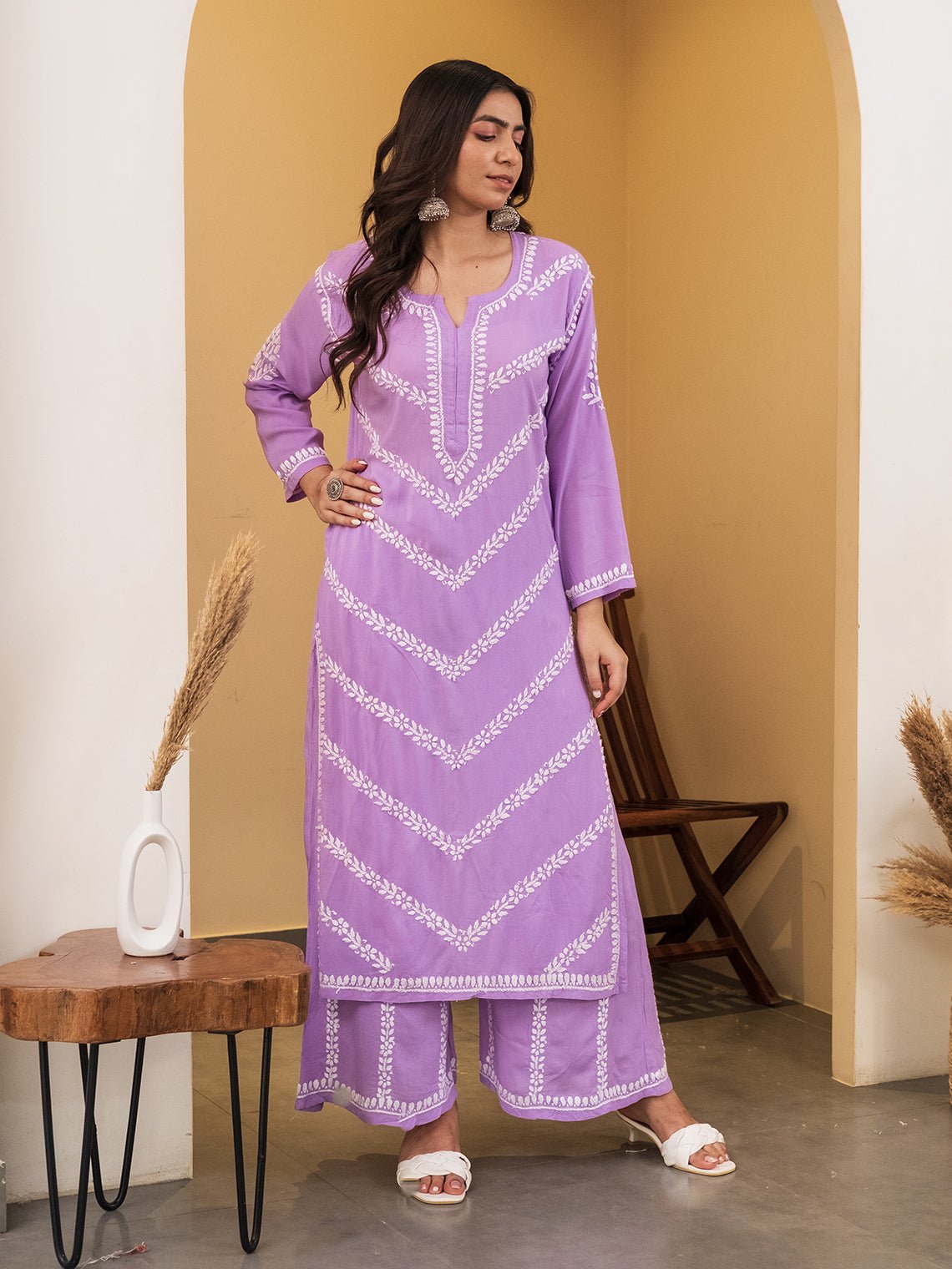 Sara Modal Chikankari Kurti & Palazzo Set - Chowkhat Handicraft