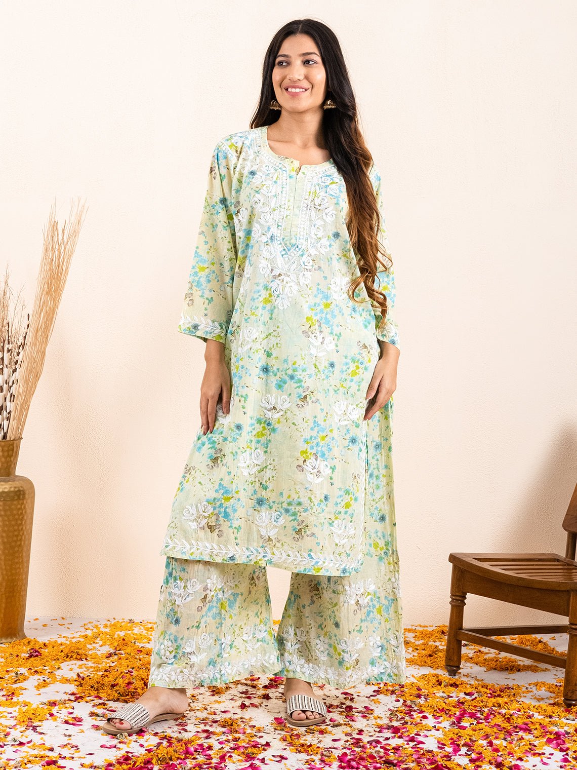 Ethnicity Cream Cotton Kurti Palazzo Set With Dupatta Price in India, Full  Specifications & Offers | DTashion.com
