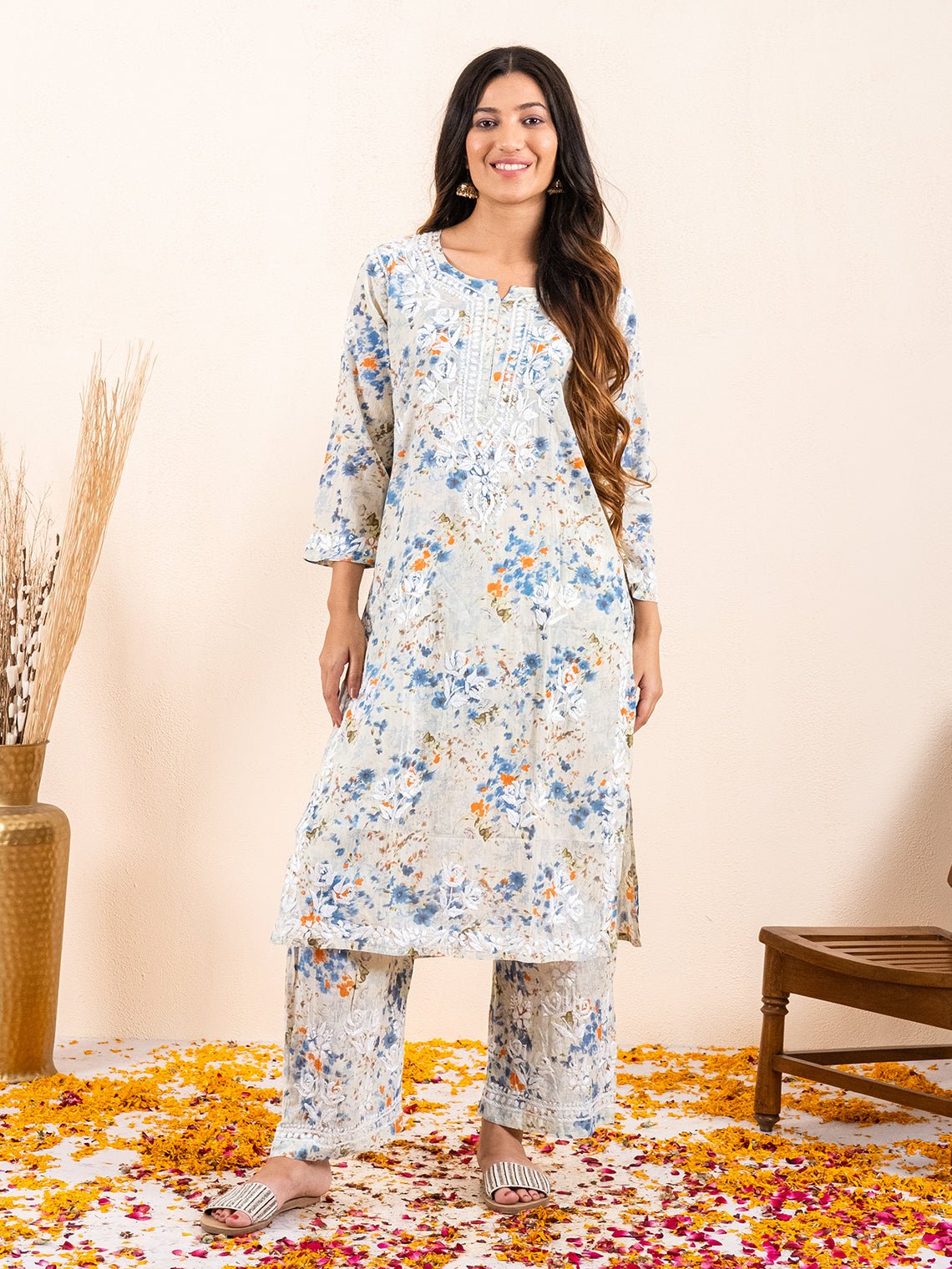 Raahi Mul Cotton Chikankari Kurti & Palazzo Set - Chowkhat Lifestyle