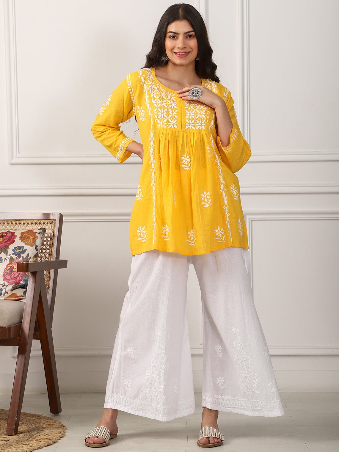 Saad Short Cotton Slub Chikankari Kurti - Chowkhat Handicraft