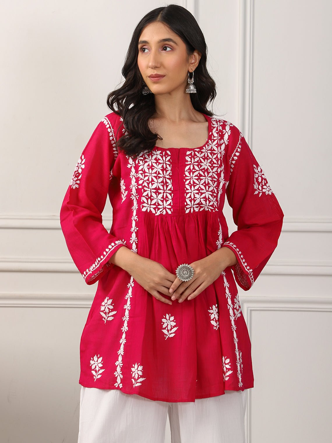 Saad Short Cotton Slub Chikankari Kurti - Chowkhat Handicraft