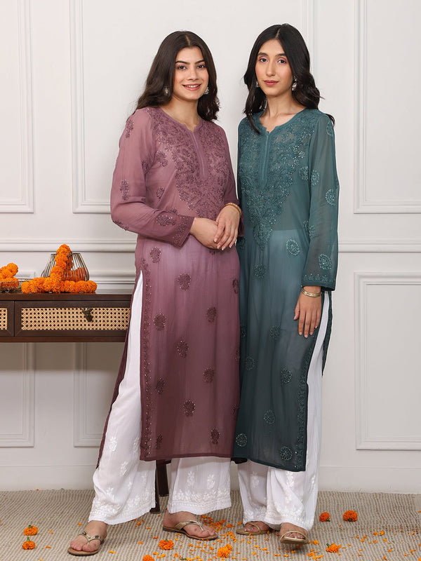 Nura Viscose Georgette Chikankari Kurti With Mukaish Work - Chowkhat Handicraft