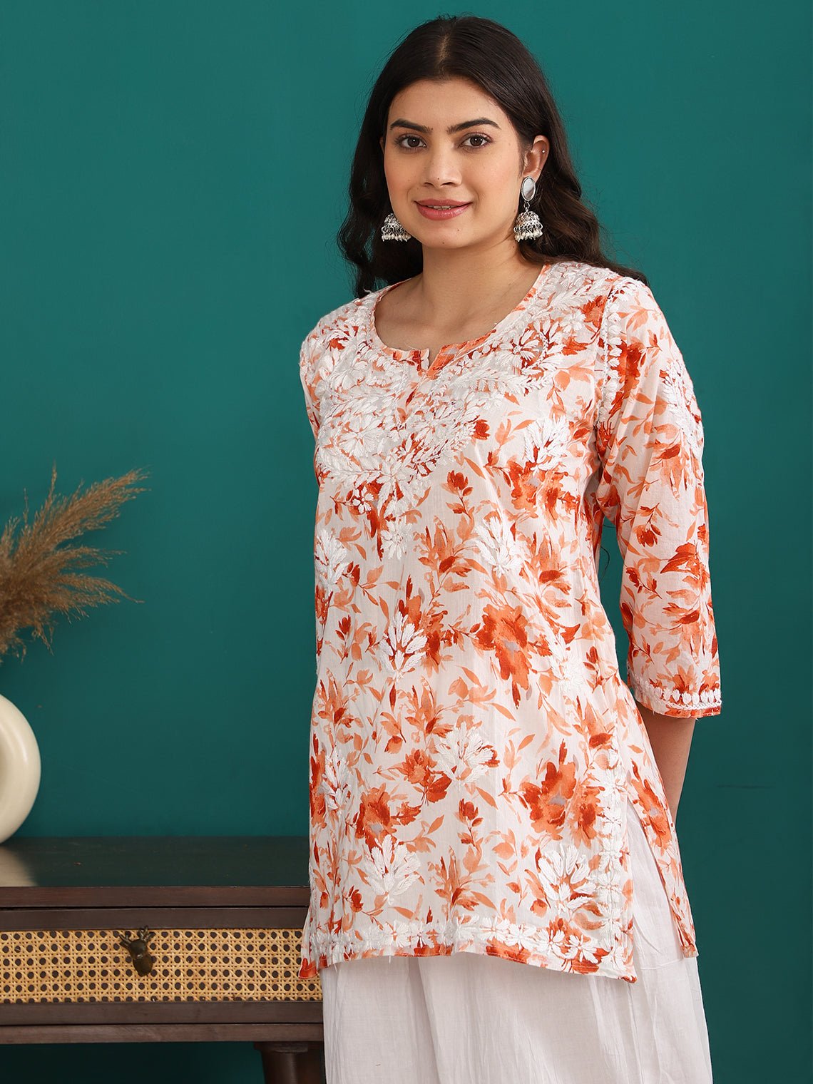 Alia Mul Cotton Printed Short Chikankari Kurti - Chowkhat Handicraft