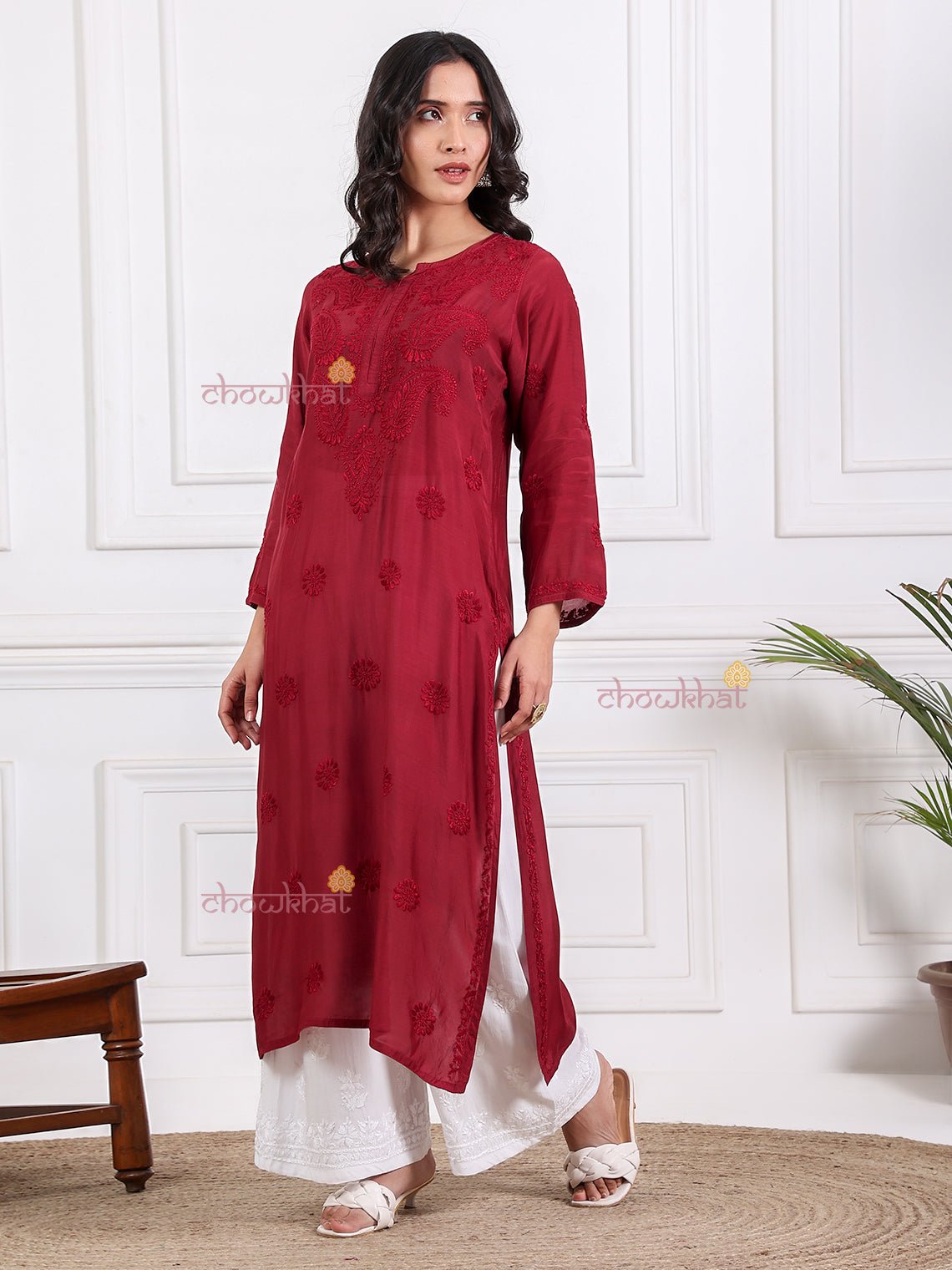 Nadia Straight Muslin Chikankari Kurti - Chowkhat Lifestyle