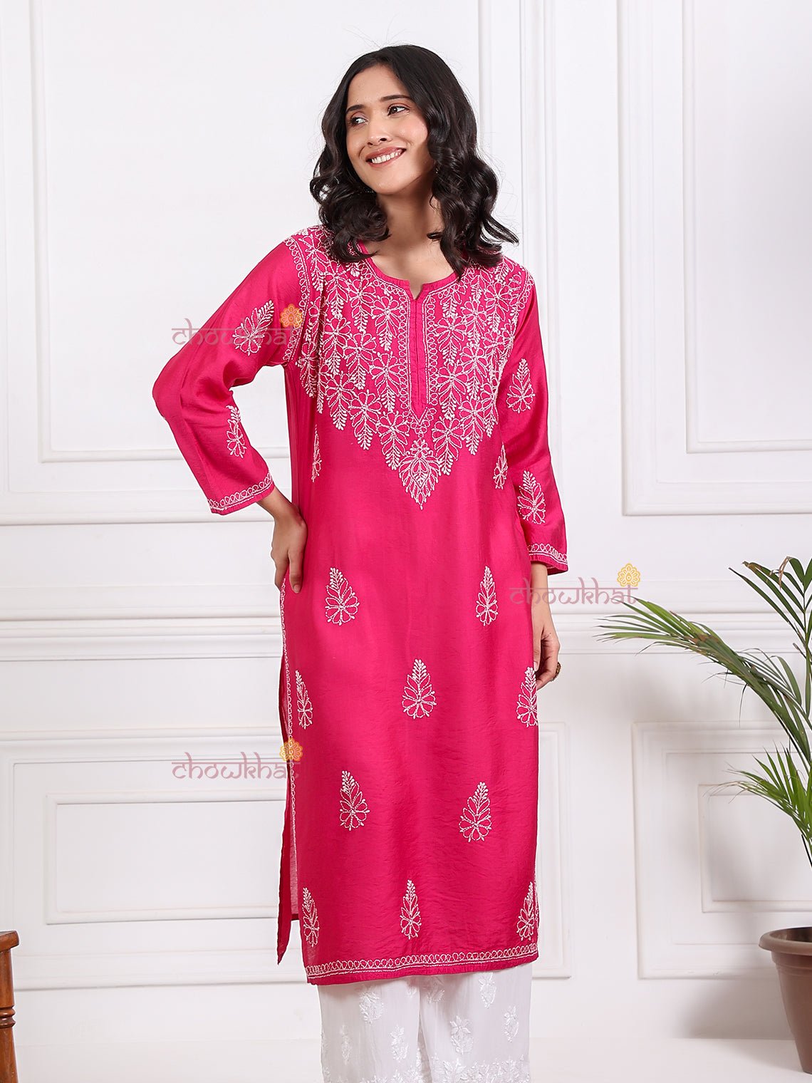 Haya Straight Chanderi Chikankari Kurti - Chowkhat Lifestyle