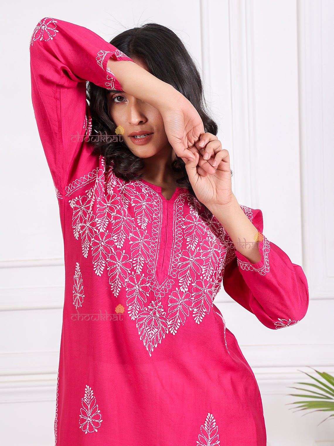 Haya Straight Chanderi Chikankari Kurti - Chowkhat Lifestyle