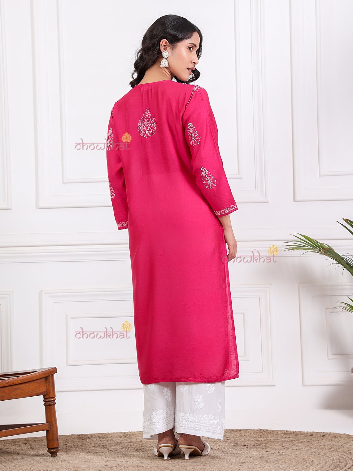Haya Straight Chanderi Chikankari Kurti - Chowkhat Lifestyle