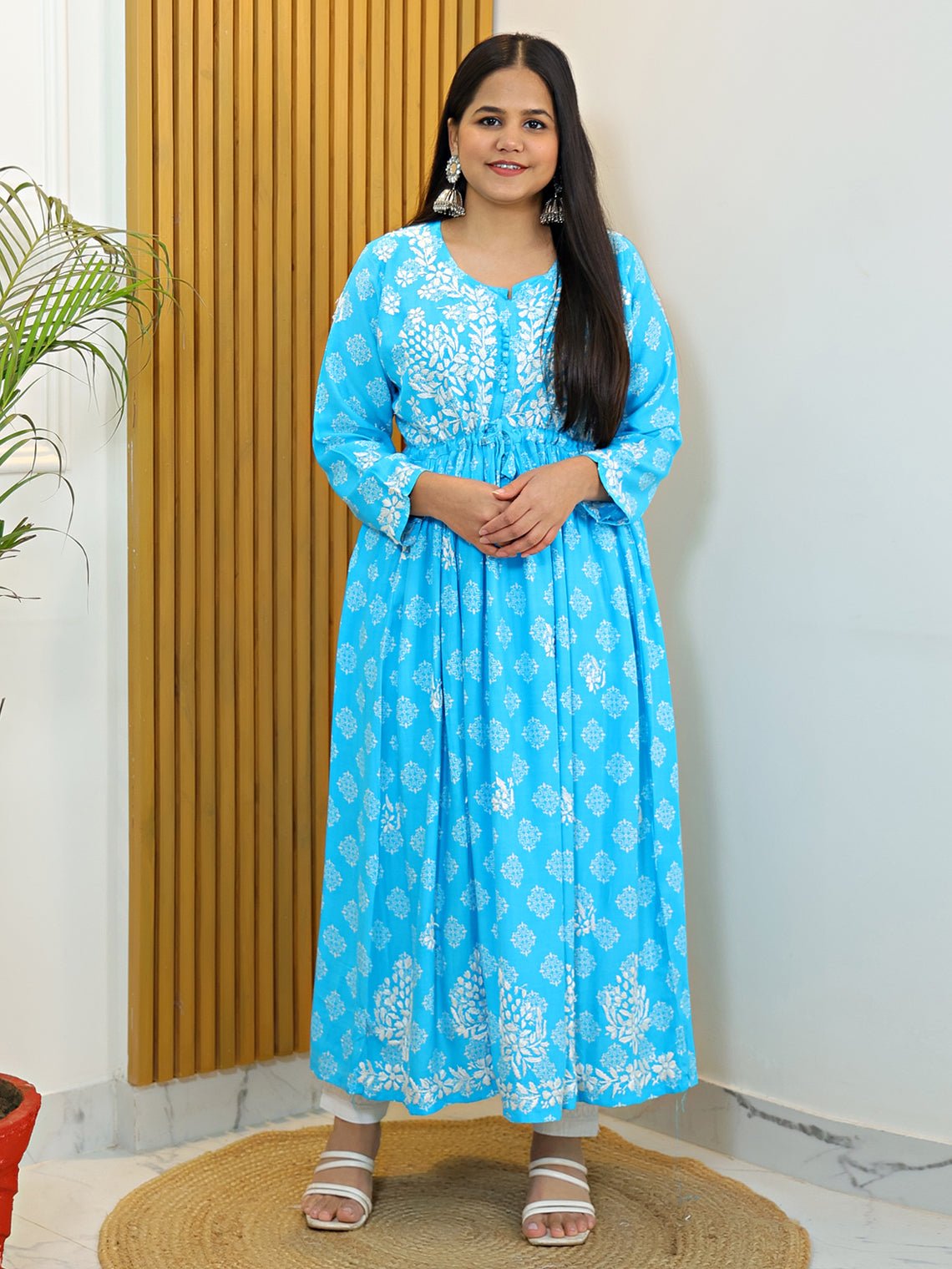 Amira Rayon A-Line Gown with Chikankari - Chowkhat Handicraft