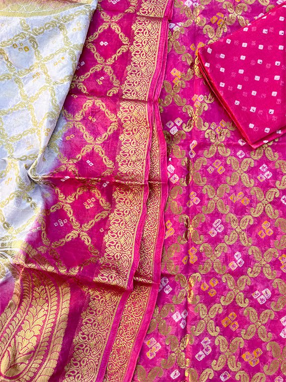 Dia Unstitched 3 Piece Bandhani Suit set - Chowkhat Handicraft