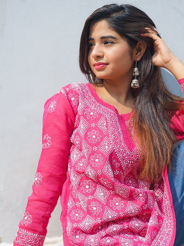 Handmade Fusion Chikankari Short Kurti - Chowkhat Handicraft