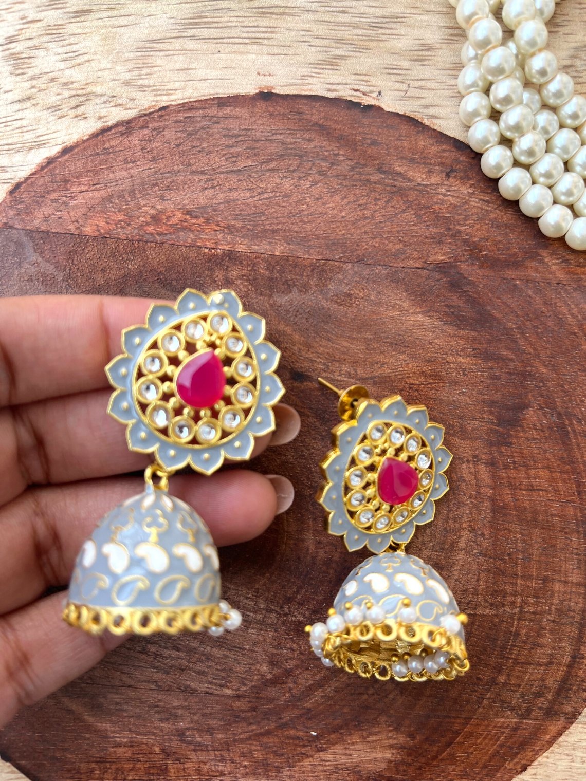 Meenakari Jhumki with pearls - Chowkhat Handicraft
