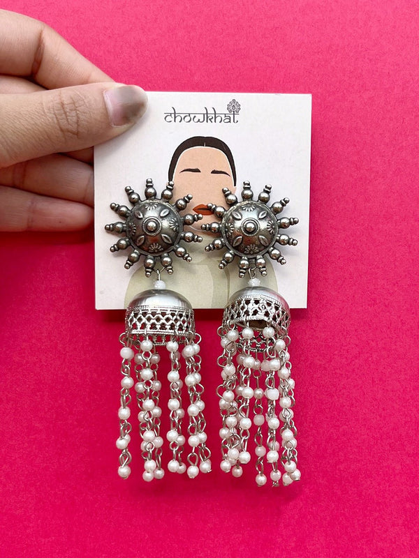 Pearls Oxidised Jhumki Earrings - Chowkhat Handicraft