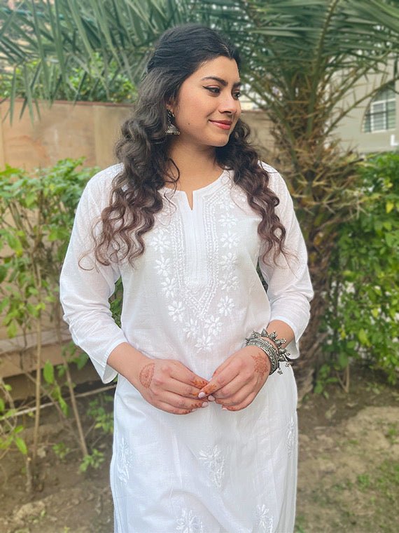 Sirat Cotton White Chikankari Kurti - Chowkhat Handicraft